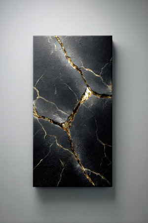 This image features a dark marble surface with striking golden veins. The composition showcases a rectangular slab, likely indoors, with soft, diffused lighting. The texture and contrast suggest potential uses in design, backgrounds, or abstract artwork for commercial or editorial projects.の素材