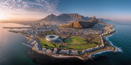 An aerial photograph depicts a coastal city nestled between mountains and the ocean. The composition includes a stadium, buildings, and green spaces. The image features a natural daylight with soft hues. This versatile image is suitable for various commercial and editorial purposes.の素材