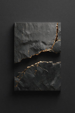 A close-up showcases a dark, textured stone surface with a dramatic crack filled with a golden hue. The image features a top-down composition with soft lighting, creating a moody atmosphere. Its visual appeal suggests potential applications in design projects, background elements, and artistic illustrations.の素材