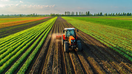 A tractor plows a field with vibrant green and brown strips under a clear blue sky. The agricultural machinery creates parallel lines in the soil, contrasting with the diverse colors of the surrounding fields. This image may be suitable for illustrating agricultural practices or environmental themes.の素材