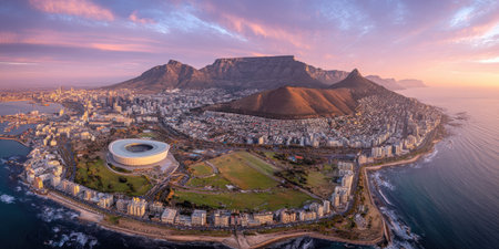 An aerial view presents a cityscape nestled beside a coastline, with a majestic mountain range as a backdrop. The composition features a stadium. The colors are warm, with shades of pink, orange, and blue during the sunset. This scene might be suitable for travel promotions or landscape photography.の素材