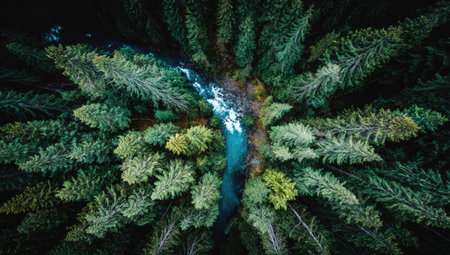 An overhead shot captures a forest intersected by a winding river. The composition features dense, green trees creating a textured canopy above the clear, blue water. The lighting suggests daytime, emphasizing the natural textures and colors, suitable for various commercial and editorial purposes.の素材