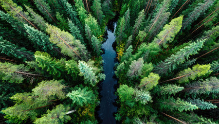 Overhead perspective of a lush forest with tall evergreen trees. A winding river cuts through the center. The color palette is dominated by shades of green and blue. Ideal for illustrating natural landscapes, conservation efforts, and environmental themes. Suitable for a variety of commercial and editorial applications.の素材