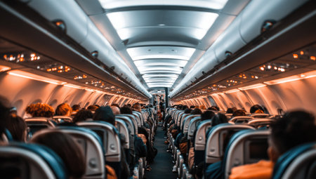 An inside view of a commercial airplane cabin depicts numerous passengers seated. The composition presents rows of seats, with individuals occupying them. The lighting creates a contrast between cooler tones overhead and warmer hues along the walls. Suitable for illustrating themes related to flight, tourism, or transportation.の素材