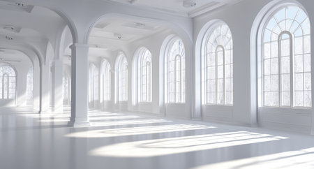 An open, airy interior is depicted in a monochromatic white palette. The space features a series of arches, pillars, and large arched windows, creating a sense of depth and scale. Sunlight streams through, illuminating the clean surfaces. This composition would be suitable for various commercial projects and editorial design.の素材