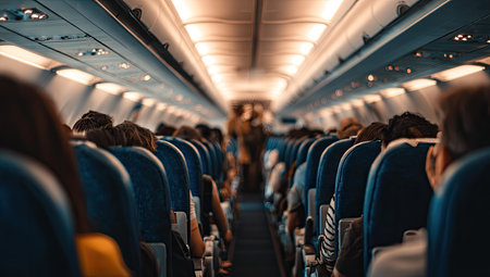 A perspective view inside an airplane cabin reveals passengers seated in rows. The image showcases blue seating and overhead compartments. Warm interior lighting contrasts with the darker environment. The composition suggests travel and transportation. Suitable for commercial use in brochures and travel publications.の素材