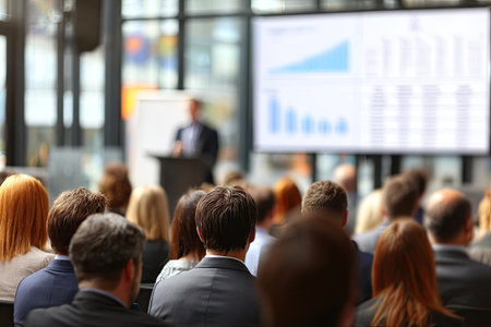 A presentation takes place with a blurred speaker and a screen displaying business graphs. An audience of many people attend a conference, shown from the back. The scene is lit with natural light, creating a vibrant atmosphere. Suitable for commercial and editorial applications.の素材