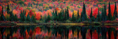 A scenic landscape depicts a shoreline with vibrant autumn colors. Trees with hues of red, orange, and yellow reflect in the still water, creating a mirror effect. The composition features natural lighting and is suitable for environmental or travel-related content.の素材