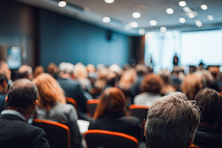 A large group of people are seated in a conference room, facing a projected screen. The composition shows individuals in diverse attire. Warm tones of the interior lighting cast a soft glow. This image could be used for business, training, or communication-related editorial purposes.の素材