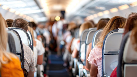 An interior view of an airplane cabin shows numerous passengers seated in rows. The image displays a neutral color palette with variations in light and shadow. The composition suggests a full flight, ideal for illustrating themes such as travel, transportation, and tourism. This image is suitable for commercial and editorial purposes.の素材