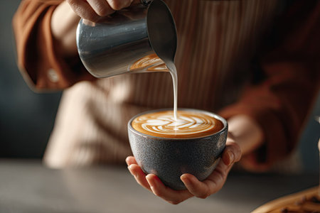 A person is crafting a latte, skillfully pouring milk into a dark ceramic cup. The image showcases a warm, inviting scene, with a shallow depth of field. The composition highlights the barista's hands and the cup of coffee, likely used for cafe menus or coffee-related marketing.の素材