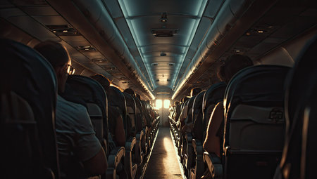 Inside an airplane, rows of seats face toward the illuminated end of the cabin. The scene showcases a passenger's perspective during a flight, enhanced by warm lighting. This imagery suggests possibilities for themes like travel, journeys, and various editorial projects.の素材