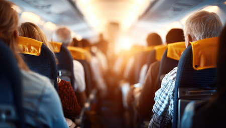 Aboard an airplane, passengers are seated in rows, viewable from behind with soft focus. The scene is bathed in the warm glow of sunlight streaming through windows. Colors include blues, yellows, and muted tones. This interior shot could be used for travel, transportation, or lifestyle content.の素材