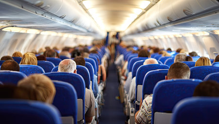 An inside view of an airplane cabin shows rows of blue passenger seats filled with people. The composition emphasizes the repeating pattern of seats. Bright overhead lighting contrasts with the soft focus of the background. The image could be used to illustrate travel, transportation, or business concepts.の素材