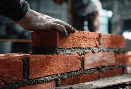 A bricklayer's hand carefully places a red brick onto a bed of mortar. The image shows the process of building a brick wall with close-up details of the brick's texture and the mortar's consistency. The lighting suggests an indoor workshop setting with potential uses in construction, building, or industry-related projects.の素材