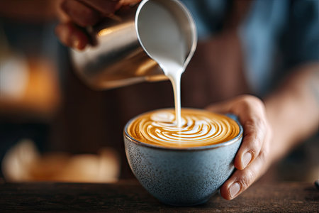 A person pours milk into a cup of coffee, creating a decorative swirl on top. The image showcases the coffee preparation with the warm tones of the drink. The photograph is likely suitable for commercial use, illustrating the art of coffee making or the beverage itself.の素材
