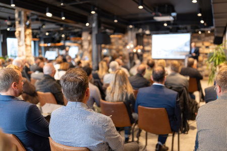 An audience sits attentively, observing a presentation in a spacious, modern conference room. The composition features a diverse group, well-lit with overhead lighting. Visual elements include a projected screen and multiple attendees, suitable for commercial or editorial uses focused on communication.の素材