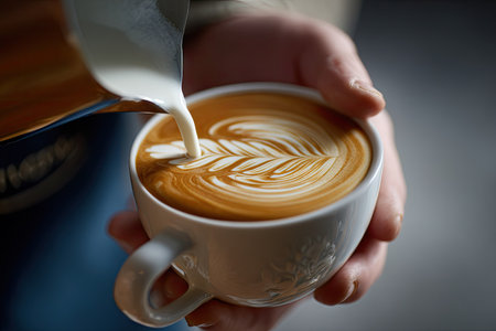 A hand delicately pours milk into a cup of coffee creating an intricate design on the surface. The image shows a close up view of the drink. The warm brown tones of the beverage contrast with the white of the cup, and the lighting suggests an indoor setting. Suitable for use in food-related commercial projects.の素材
