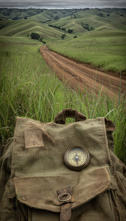 A rustic backpack, featuring a compass, sits amidst tall green grass, with a long dirt road winding through rolling, grassy hills under an overcast sky. The composition employs a natural, slightly muted color palette. This image could be used for travel, adventure, or exploration concepts.の素材