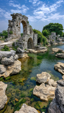 An old stone structure stands near a river, with clear water and rocks in the foreground. The scene features an archway design, with green vegetation surrounding the weathered stone. The image uses a vertical composition with natural daylight, suitable for various editorial and commercial projects.の素材