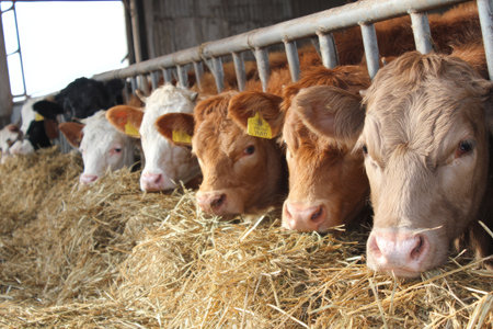 A group of cattle are seen inside a barn, eating hay from a trough. The image captures a close-up of the animals, emphasizing their heads and the texture of their fur. The scene is illuminated by natural light. This image is suitable for agricultural content and educational materials.の素材
