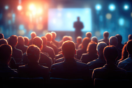 The image shows a large audience attentively watching a presentation on a stage. The composition is from the rear, showing the backs of the many people. The lighting is warm and focused on the presenter, with a blurred background. The image can be used for editorial and commercial purposes.の素材