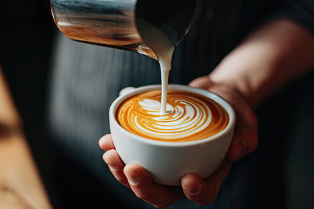 A barista expertly pours steamed milk into a white coffee cup creating intricate latte art. The image captures the creamy texture and swirling patterns against the dark coffee. The lighting is soft, likely indoors, emphasizing the warm tones. This image is suitable for illustrating cafe culture and coffee preparation.の素材