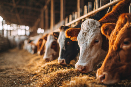 A herd of cattle is shown eating hay in a rustic barn setting. The image displays the animals in a close-up perspective, with a focus on their brown and white fur. Warm light and shadows suggest an indoor environment. This image could be used in publications related to agriculture and farming.の素材