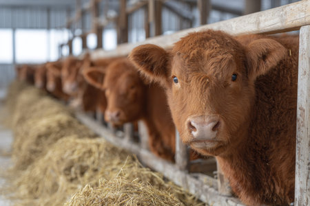 Several brown cattle are visible, lined up in a stable setting. The composition features a close-up of one cow, while others are seen in the background. The scene appears to be indoors, with daylight illuminating the hay and animals. This image could be used for commercial or editorial purposes, emphasizing livestock or agriculture.の素材