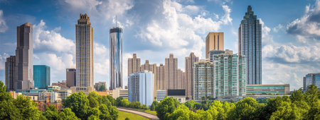 An urban cityscape showcases a diverse collection of tall buildings and skyscrapers against a vibrant blue sky dotted with clouds. The foreground features lush green trees. This image could be used for articles on urban development, architecture, or as a backdrop for various visual projects.の素材