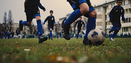 Several children are playing soccer on a grass field. The image depicts a close-up shot of the ball and players. The colors are natural, with green grass, blue shorts, and a cloudy sky suggesting an outdoor setting. This image could be used for sports publications or educational material.の素材