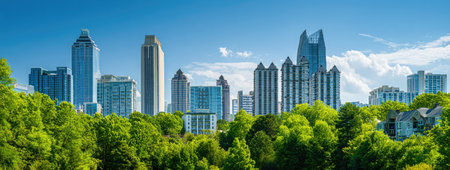 A cityscape showcases modern skyscrapers of various heights. The buildings are silhouetted against a clear, bright blue sky. Lush green trees in the foreground add a natural element. The image could be used for architectural, urban planning, or environmental themes. It may be suitable for websites and marketing materials.の素材