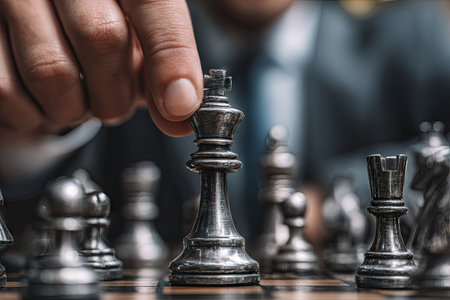 A hand places a chess piece on the board, highlighting strategic thinking. The image showcases silver chess pieces with detailed textures. The lighting is soft, emphasizing the pieces against the board. The composition suggests concepts of competition, strategy, and planning, ideal for commercial or editorial content.の素材