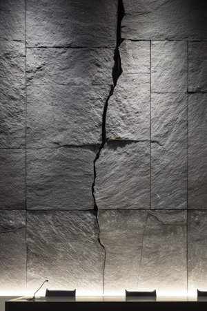 This image presents a textured stone wall, highlighted by overhead lighting. The wall features a prominent vertical crack, adding a sense of disruption. The composition suggests an indoor setting, with a conference table at the bottom. Suitable for various commercial applications, including design and architectural concepts, and background use.の素材