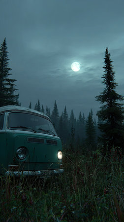 A vintage green van is parked in a forest clearing beneath a full moon. The scene features tall evergreen trees and a grassy foreground under an overcast sky. The composition uses cool colors and soft lighting to create a tranquil, outdoor ambiance. This image is suitable for travel, adventure, or lifestyle projects.の素材