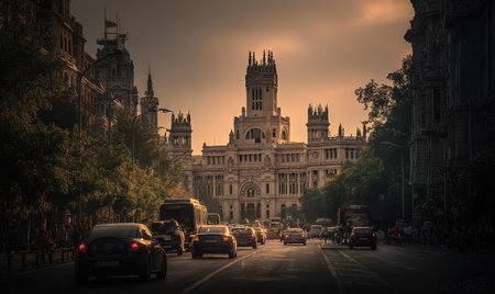 This image depicts a street scene featuring classic architecture and vehicles. The composition uses warm tones to highlight the buildings, while automobiles are present. The natural light suggests a daytime setting. This image could be suitable for commercial or editorial use.の素材