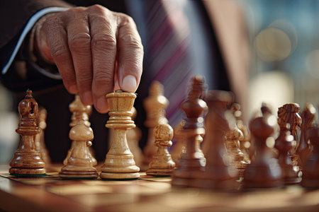 A person's hand carefully moves a chess piece on a wooden board. The image showcases wooden chess pieces in a low-angle shot, highlighted by warm lighting. This professional shot suggests strategic thinking and decision-making, suitable for various commercial projects.の素材