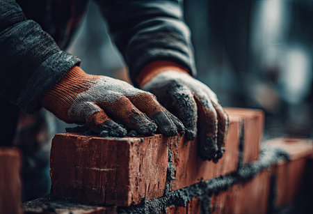 Close-up captures a construction worker's hands carefully placing bricks. The image features warm tones, with textures of the bricks and work gloves. The composition is focused on the building process, suggesting an outdoor environment. Suitable for various commercial applications related to construction and manual labor.の素材