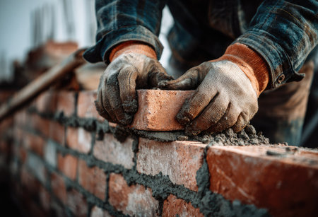 A construction worker carefully places a brick onto a partially built wall. The image features close-up detail of hands in orange work gloves, working with the reddish-brown bricks. The composition emphasizes the manual labor and construction process, with focus on the bricklaying action. This photo is suitable for commercial and editorial purposes.の素材