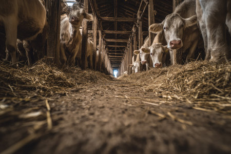 A herd of cows are inside a barn, captured with a low-angle perspective. The scene features brown and beige tones with natural light filtering through the structure. The composition showcases the animals surrounded by hay. This image can be utilized for various projects, including agricultural publications and stock imagery.の素材
