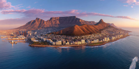 A panoramic view showcases a coastal city nestled at the foot of a majestic mountain range. The scene is bathed in soft light, suggesting either a sunrise or sunset. The composition highlights the contrast between natural and urban elements, with open water in the foreground, suitable for various commercial uses.の素材