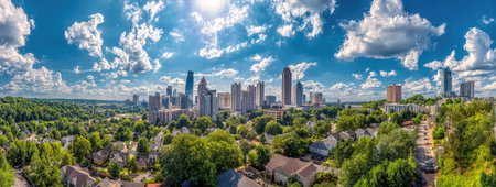 A panoramic view showcases a city skyline set against a vibrant blue sky dotted with white clouds. The composition features a mix of green trees, residential buildings, and towering skyscrapers. This scene could be suitable for various uses, including illustrating urban development, environmental themes, or business and real estate concepts.の素材