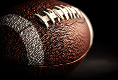 An American football is presented against a stark black backdrop. The image highlights the ball's textured brown leather, white stitching, and the contrasting white panels. The composition and lighting give the object a prominent look, suitable for sports-related projects or designs, with a focus on the details.の素材