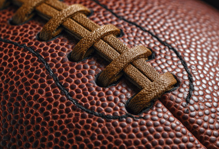 This image shows a close-up of a leather football, highlighting its textured surface and intricate stitching. The rich brown color dominates the composition, with visible details such as laces and seams. The style emphasizes fine craftsmanship and is suitable for various applications, including sports-related content or general design uses. The lighting suggests a studio setting.の素材