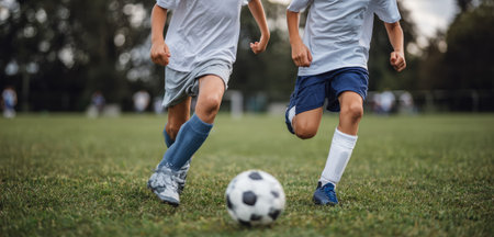 Two children are seen playing soccer on a grassy field. The image shows a low-angle view with the focus on the ball and their legs as they run. The lighting is natural, suggesting a daytime outdoor setting. The composition and colors are suitable for various commercial and editorial applications.の素材