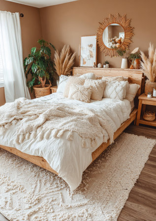 A bedroom features a bed with white bedding and decorative pillows. The room showcases a warm color palette with natural light and textures. Elements include wooden furniture, plants, and mirrors creating a relaxing and stylish environment. This scene is suitable for home decor, lifestyle, or interior design projects.の素材