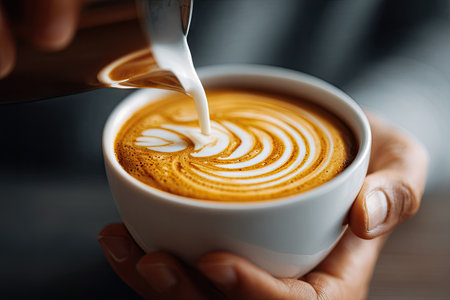 A close-up captures the act of pouring milk into a coffee cup, forming a decorative pattern. The warm tones of the coffee contrast with the white milk, creating visual interest. The composition focuses on detail, suggesting a cafe setting. This image is suitable for use in advertising or editorial content.の素材