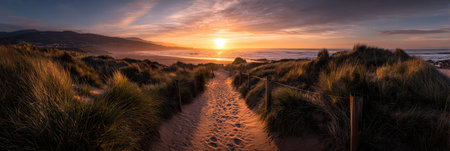 An image presents a scenic coastal path toward the ocean, bathed in the warm glow of sunset. The composition features grassy dunes framing the path, with a bright sun at the horizon. The scene displays natural textures, vivid colors, and a serene atmosphere, suitable for commercial or editorial purposes.の素材
