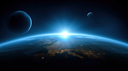 An artistic representation showcases the planet Earth amidst a vast, dark space with celestial bodies. A bright starburst emanates from a central point, illuminating the scene. The image uses shades of blue and black. Its composition suggests both scientific and abstract applications.の素材