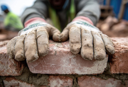 Close-up showcases gloved hands of a construction worker holding a brick. The brick sits atop other bricks displaying a textural contrast. The photograph uses a shallow depth of field with soft focus. The lighting is natural, suggesting an outdoor daylight setting. Suitable for use in construction or building industry related content.の素材